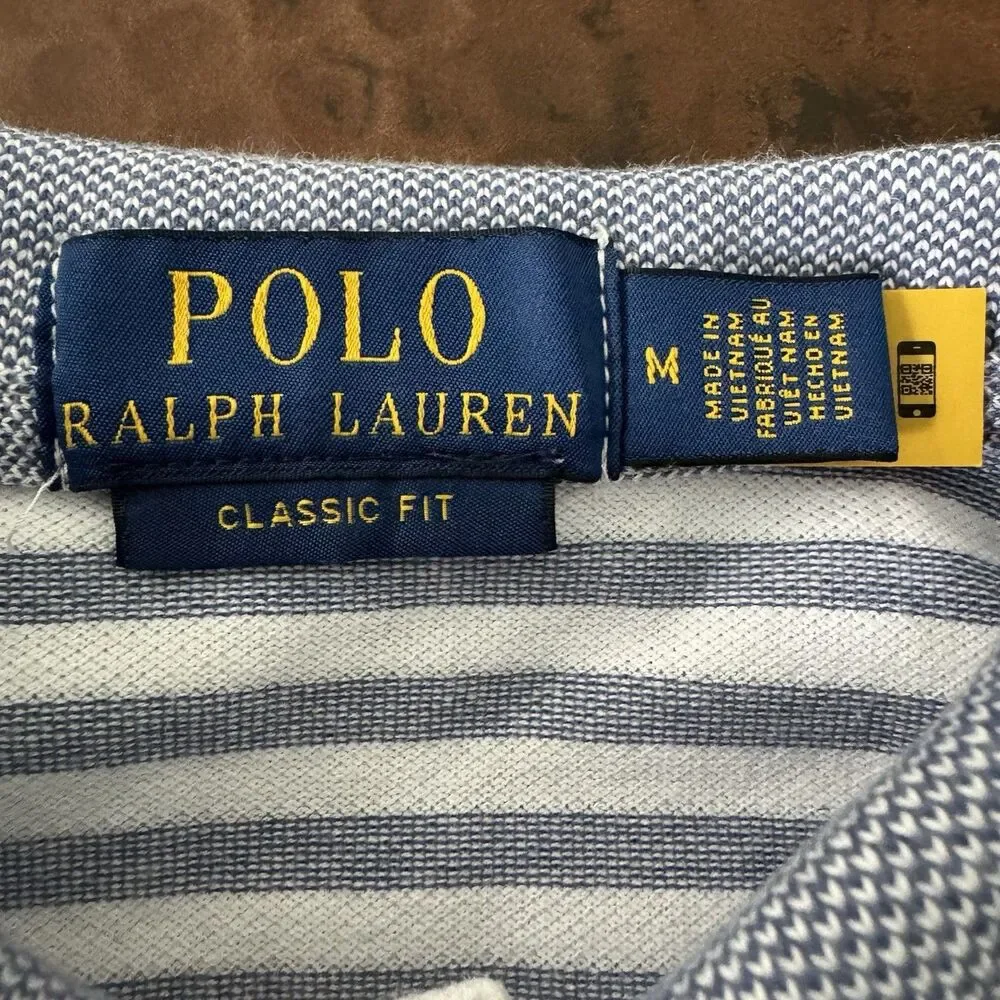 Polo Ralph Lauren Classic Fit Polo Men Medium White Gray Striped Cotton Shirt